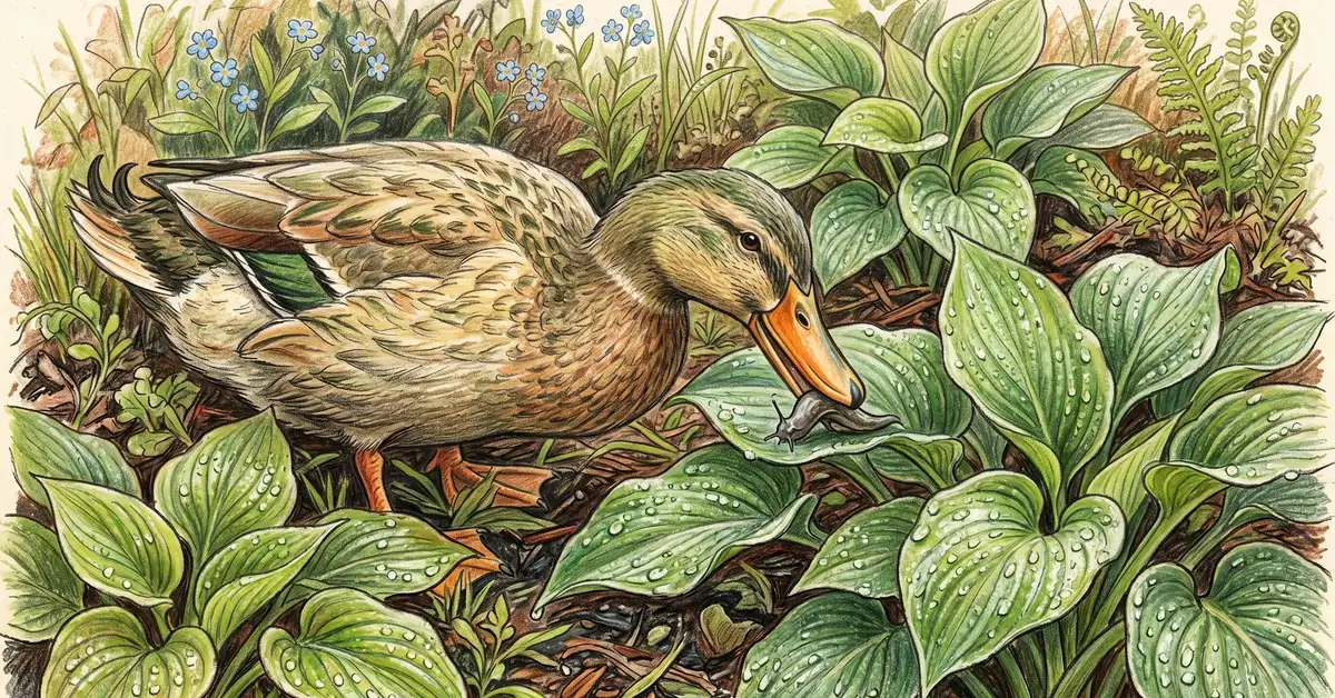 Khaki Campbell duck eating a slug on damp hosta leaves in a garden border