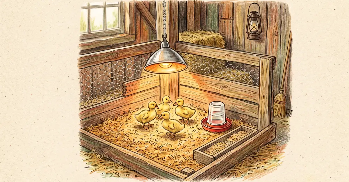 Three yellow ducklings under a heat lamp on pine shavings in a barn brooder