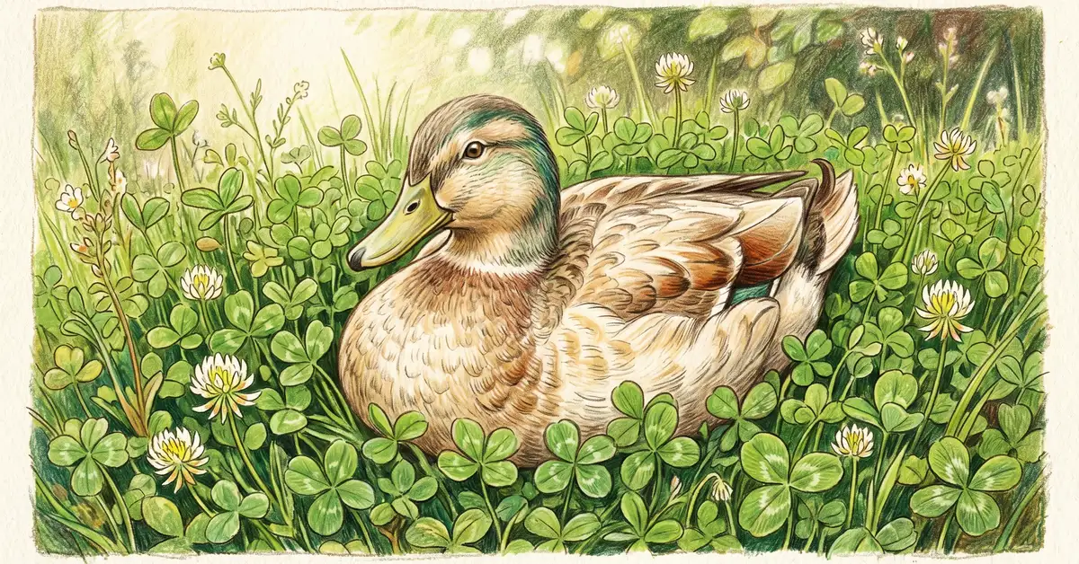 Welsh Harlequin duck nestled in a clover patch with small white flowers