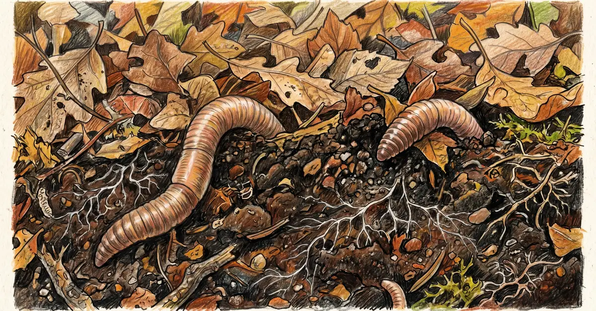 Two earthworms emerging from rich dark soil under brown leaf mulch with white fungal threads visible