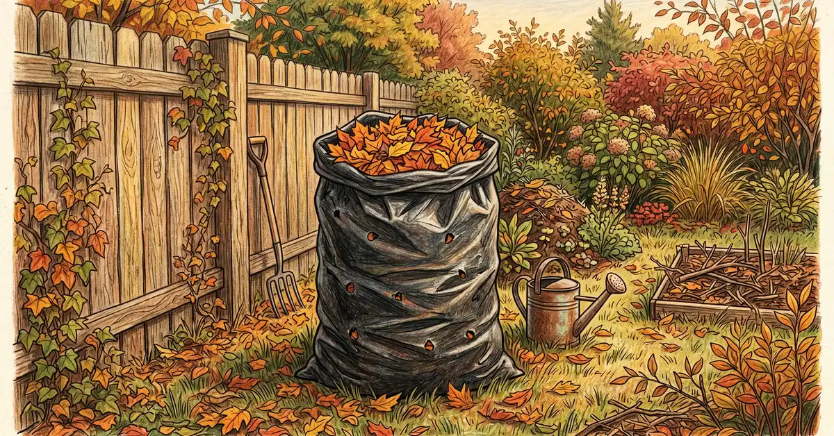 Black plastic trash bag full of autumn leaves with air holes against a wooden fence