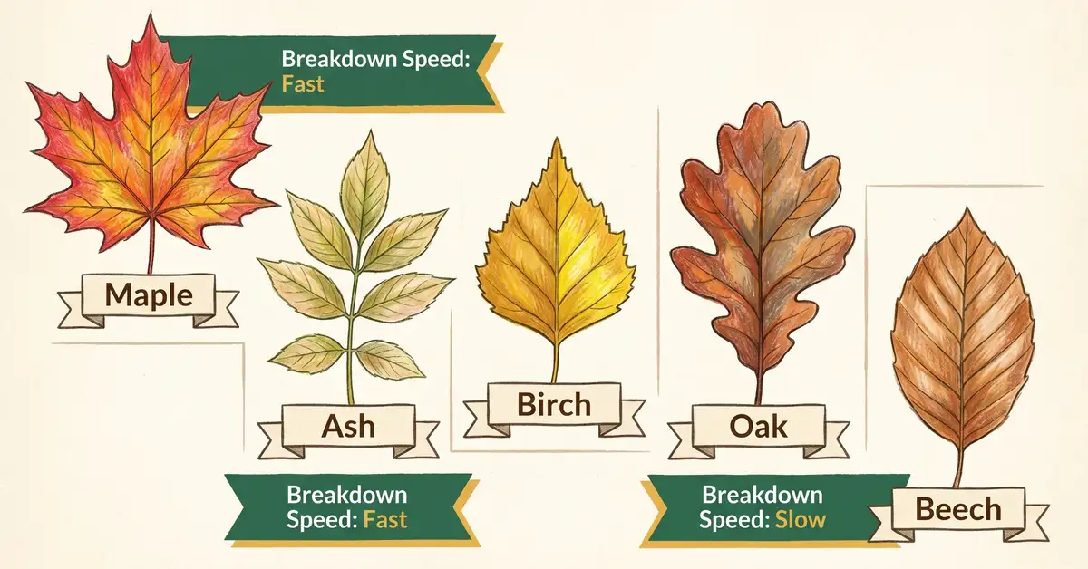 Infographic showing tree leaf species and their breakdown speeds: maple and ash fast, birch medium, oak and beech slow