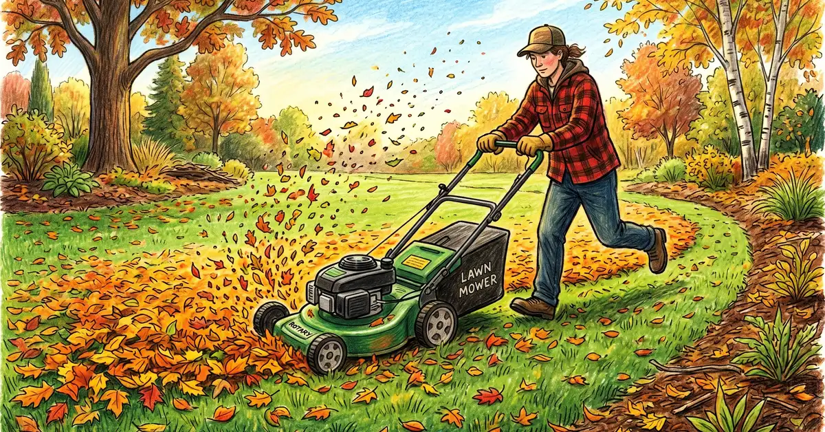 Person mowing autumn leaves on a green lawn with a rotary mower