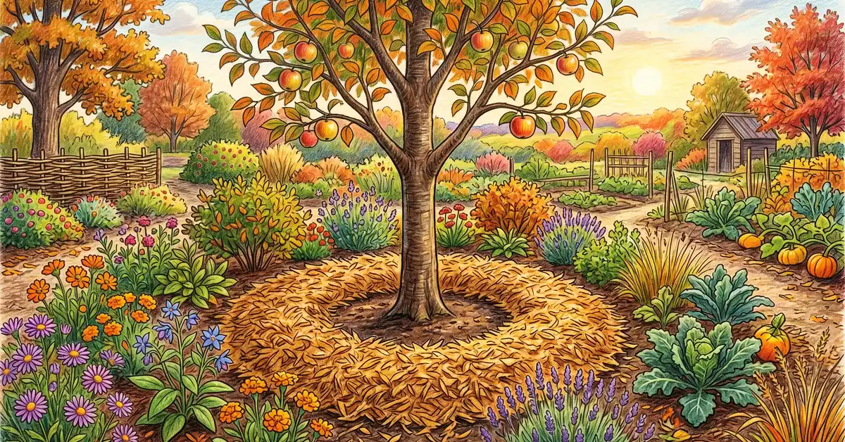 Young apple tree with a wide ring of shredded leaf mulch in a donut shape around the trunk, with bare soil at the trunk itself