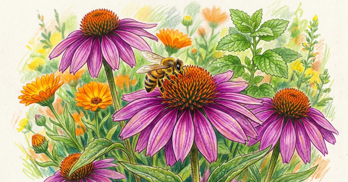 Purple echinacea coneflowers with a honey bee, orange calendula and lemon balm in the background