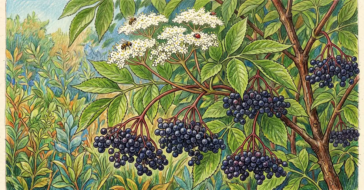 Black elderberry clusters hanging ripe from a leafy elderberry branch with white flower umbels above