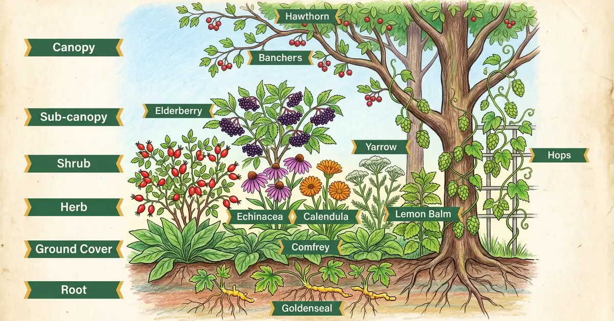 Cross-section infographic of a 7-layer food forest showing medicinal plants in each layer