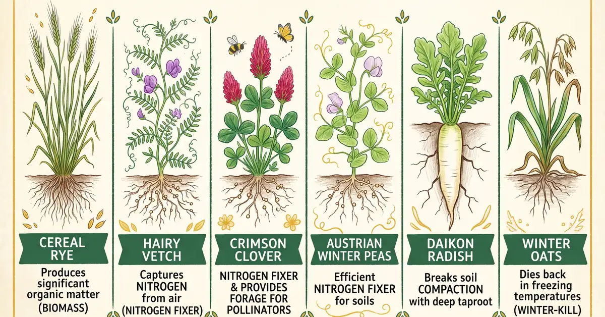 Infographic of six winter cover crops: cereal rye, hairy vetch, crimson clover, Austrian winter peas, daikon radish, winter oats