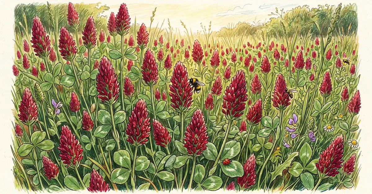 Thick stand of mature crimson clover in full bloom with deep red conical flowers and green trifoliate leaves