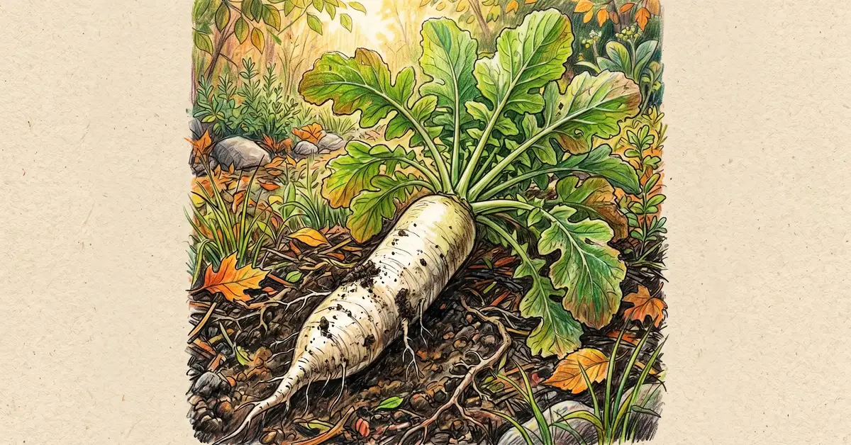 Large white daikon tillage radish pulled from soil showing its long tapered root and broad green leaves