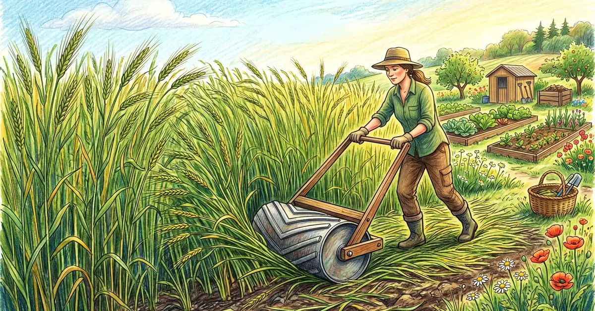 Mature stand of cereal rye in spring being crimped down by a hand-pushed roller-crimper on a small garden plot