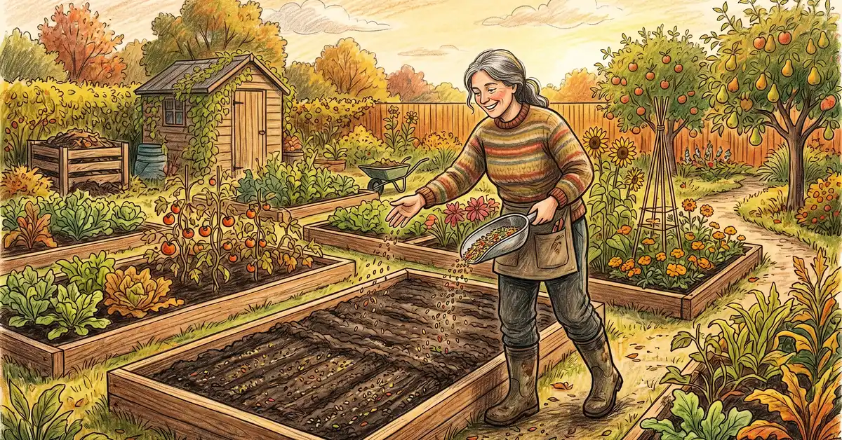 Gardener broadcasting cover crop seed by hand from a stainless steel scoop onto a raked raised vegetable bed in late September