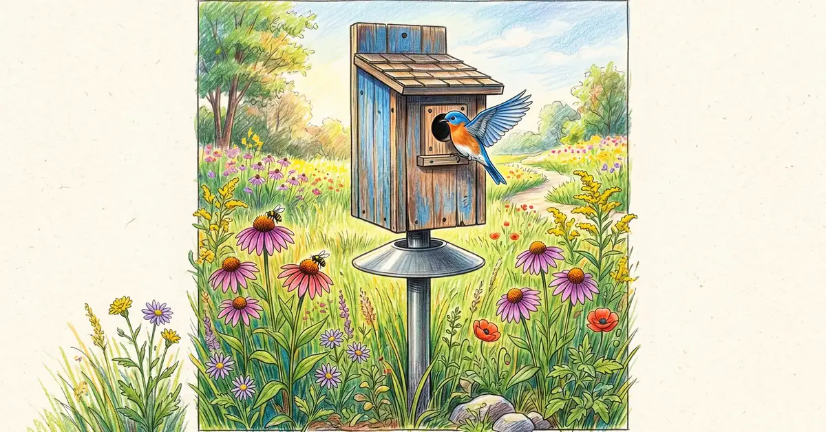 Wooden bluebird nest box mounted on a metal pole with predator baffle, bluebird perched at entry hole