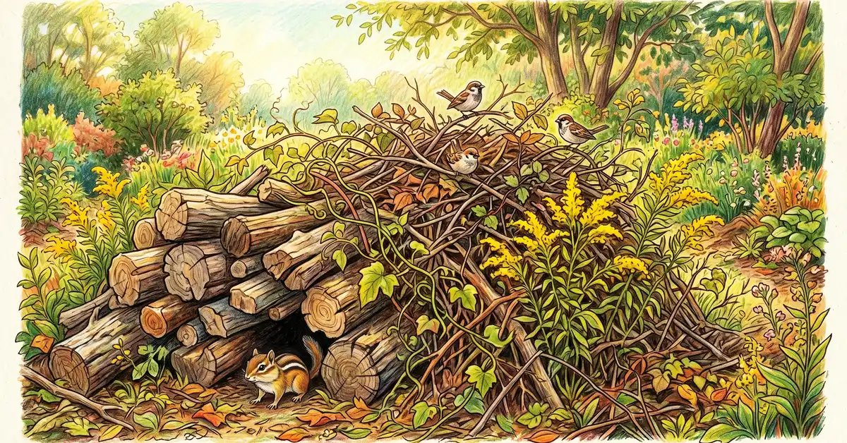 Large brush pile and stacked deadwood log pile at the edge of a permaculture garden with chipmunk and sparrows
