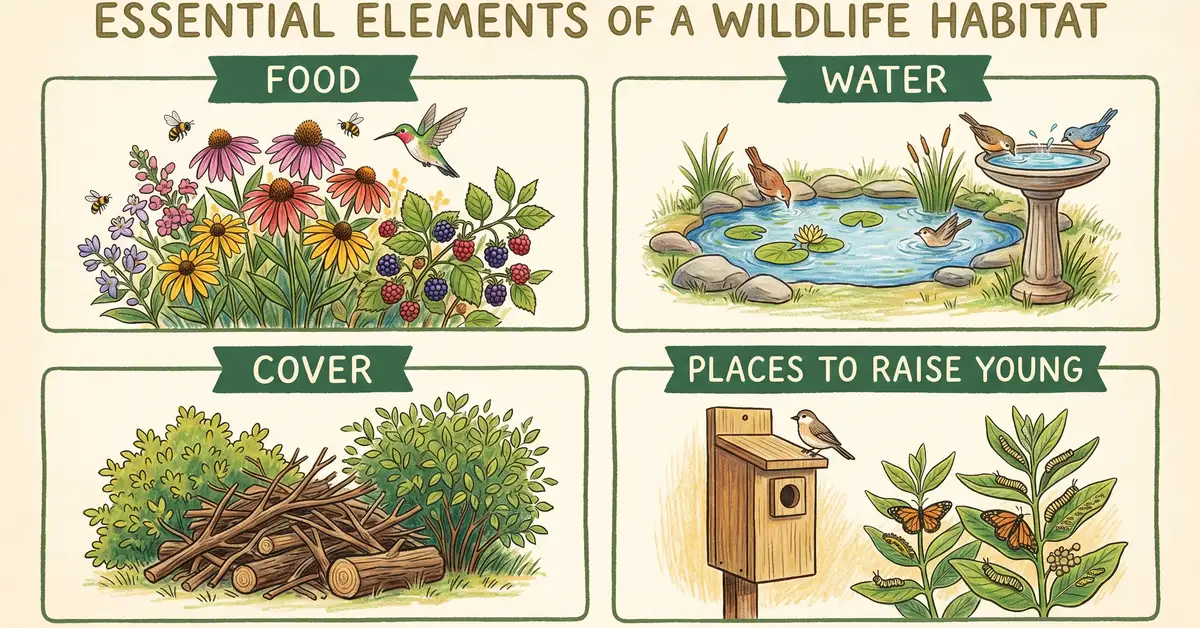 Infographic of the 4 essential elements of a wildlife habitat: food, water, cover, places to raise young
