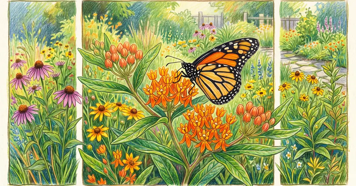 Monarch butterfly resting on bright orange milkweed flowers in a sunlit native garden