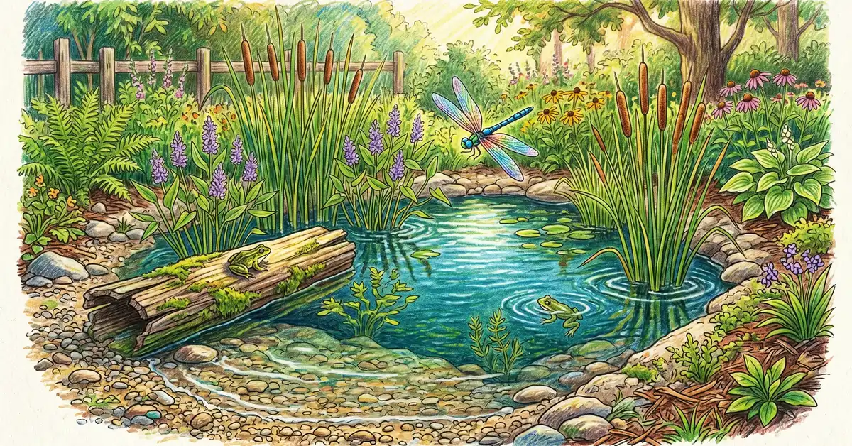 Small backyard wildlife pond with shallow gravelly edge sloping into deeper center, cattails and pickerelweed around rim, log basking spot, dragonfly