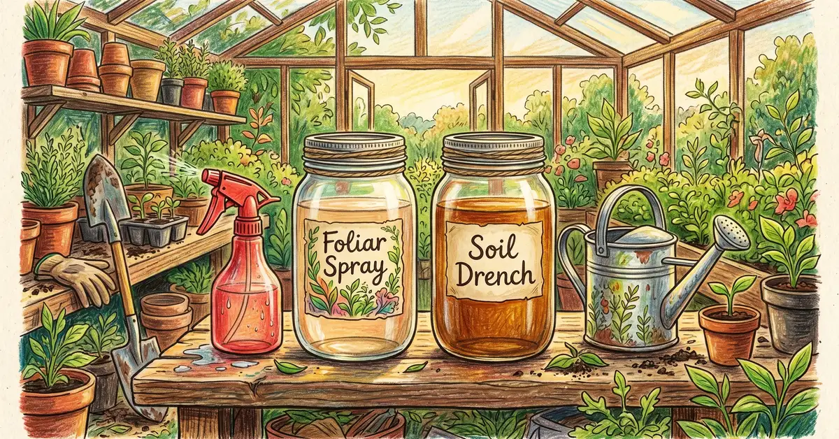 Two glass mason jars labeled Foliar Spray and Soil Drench with different amber dilutions on a wooden potting bench