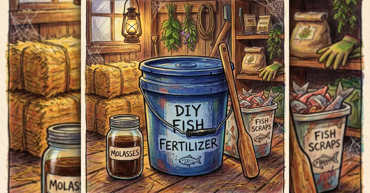 Large blue 5-gallon brewing bucket labeled DIY Fish Fertilizer with mason jar of molasses and stirring stick in a barn corner