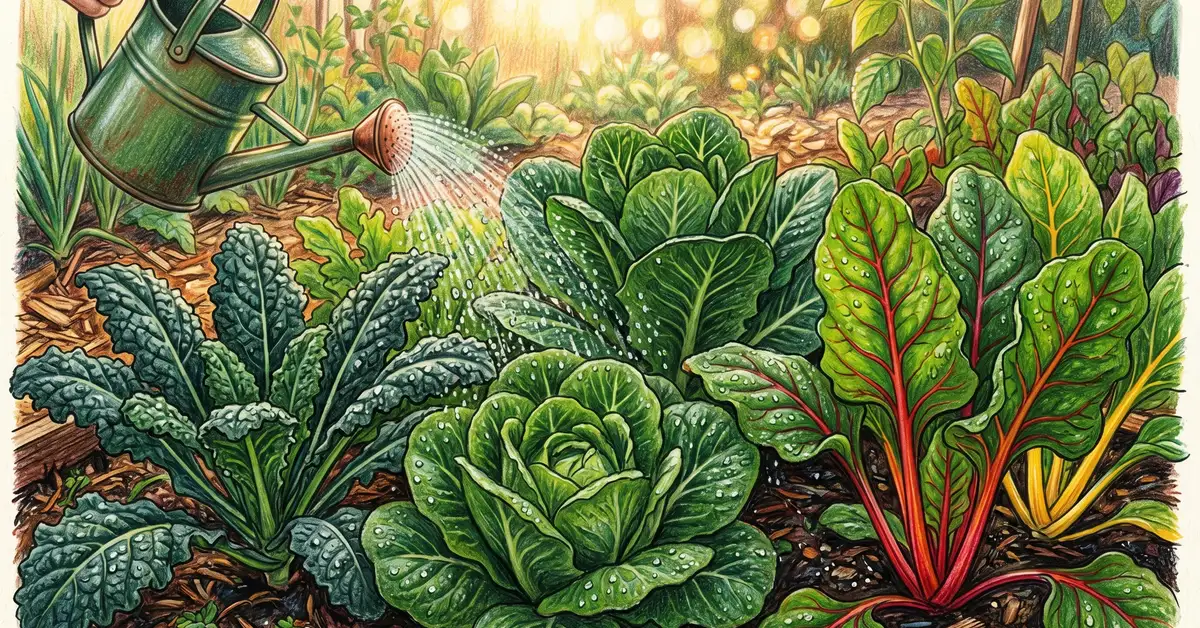 Close-up of healthy lush dark-green lettuce, kale, and Swiss chard plants in a vegetable bed being watered with a fine-spray watering can