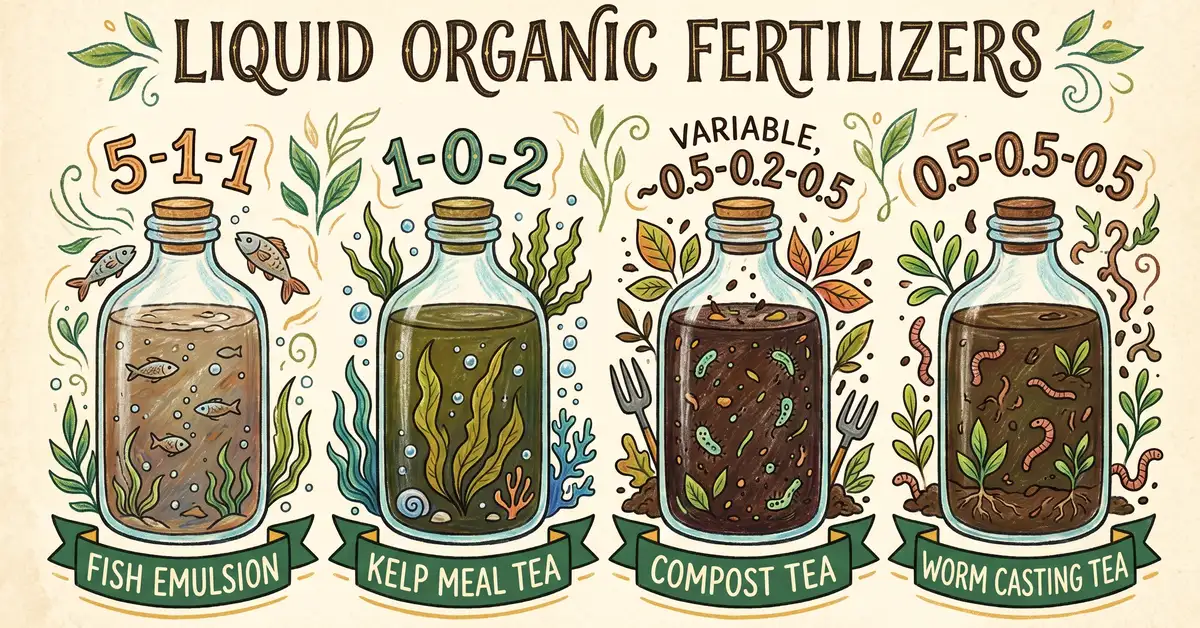 Infographic showing four liquid organic fertilizers with NPK numbers: fish emulsion, kelp tea, compost tea, worm casting tea