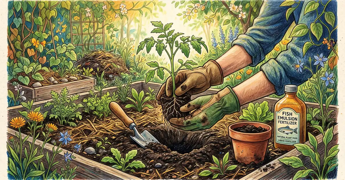 Tomato seedling being transplanted into a garden bed with a bottle of fish emulsion fertilizer nearby