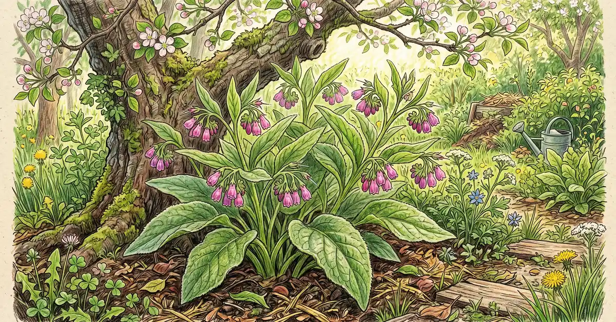 Large comfrey plant with broad fuzzy green leaves and pink bell flowers at the base of an apple tree
