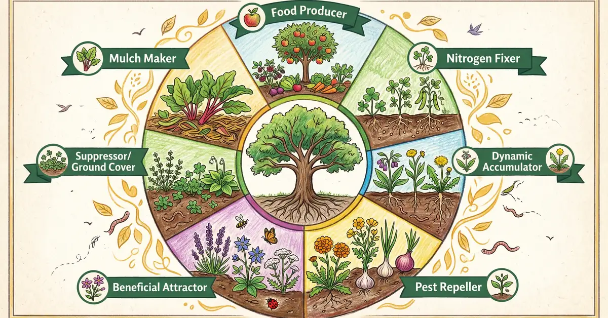 Infographic showing the 7 functional roles in a permaculture guild around a central tree