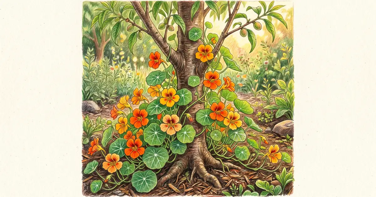 Cluster of orange and yellow nasturtium flowers with broad round leaves at the base of a young peach tree