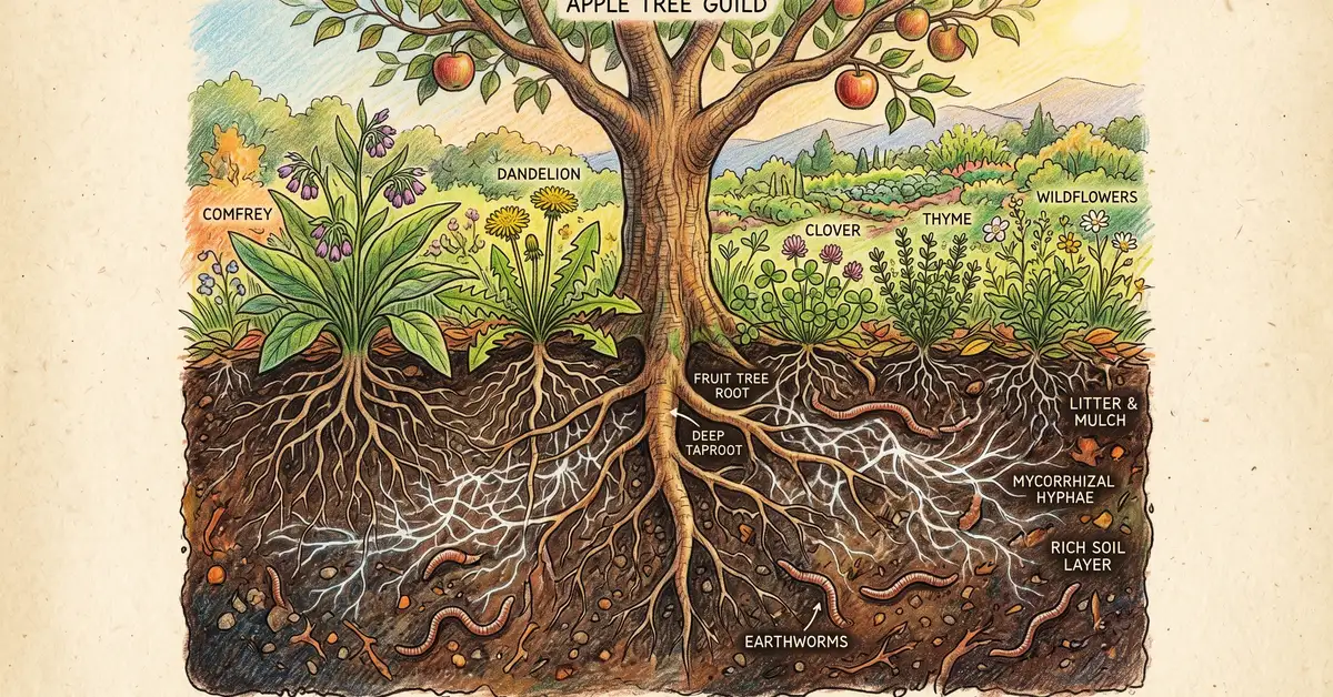 Soil cross-section showing tree taproot, comfrey roots, white fungal mycorrhizal hyphae, earthworms beneath a fruit tree guild