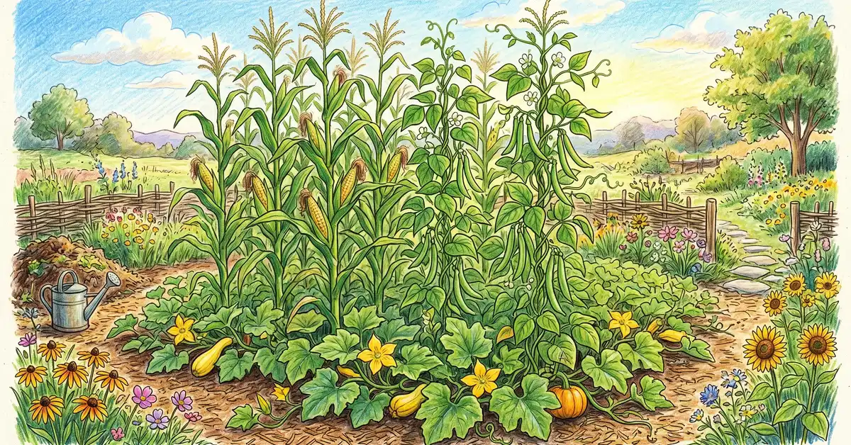 Three Sisters polyculture: corn stalks with bean vines climbing and squash leaves covering the ground