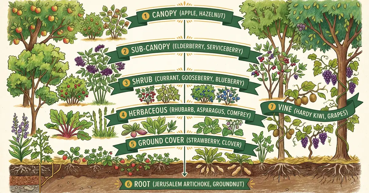 Vertical cross-section infographic showing the 7 layers of a temperate food forest with cold-hardy species labeled in each layer