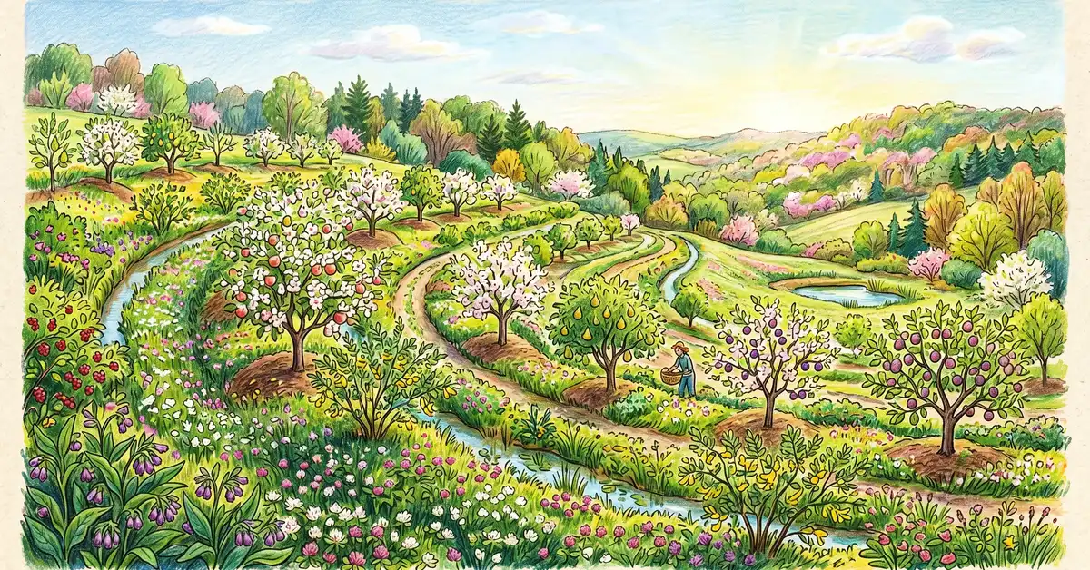 Food forest on a south-facing slope showing the NAP pattern: nitrogen-fixing shrubs, apple, plum trees in rows with swales