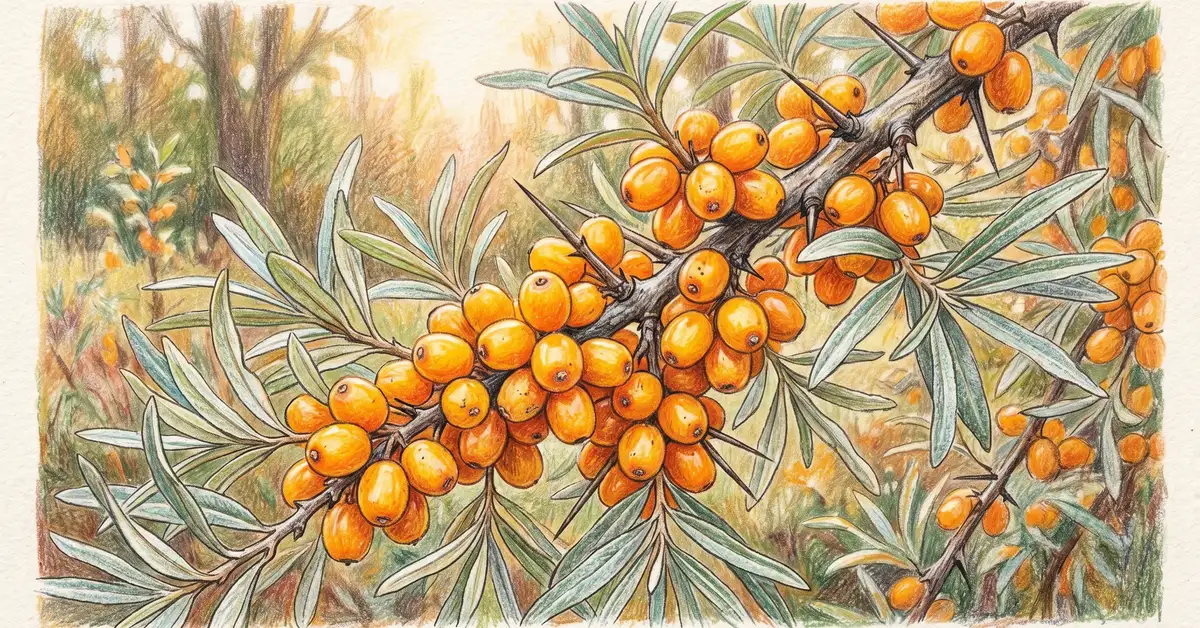 Cluster of bright orange sea buckthorn berries on a silver-leaved branch with thorns
