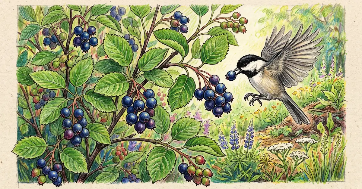 Serviceberry shrub with clusters of dark blue ripe berries and a chickadee