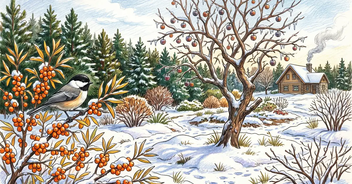 Snow-covered temperate food forest in late winter with bare apple branches, evergreen pine windbreak, and a chickadee on a sea buckthorn branch with orange berries