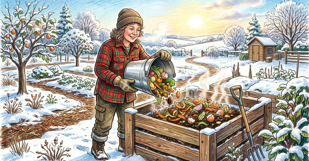 Gardener in flannel jacket dumping a stainless steel kitchen scrap pail into a steaming wooden compost bin in fresh winter snow