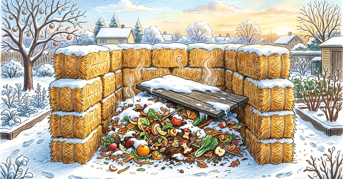 Hay bale wall surrounding a backyard compost pile creating thermal insulation in winter