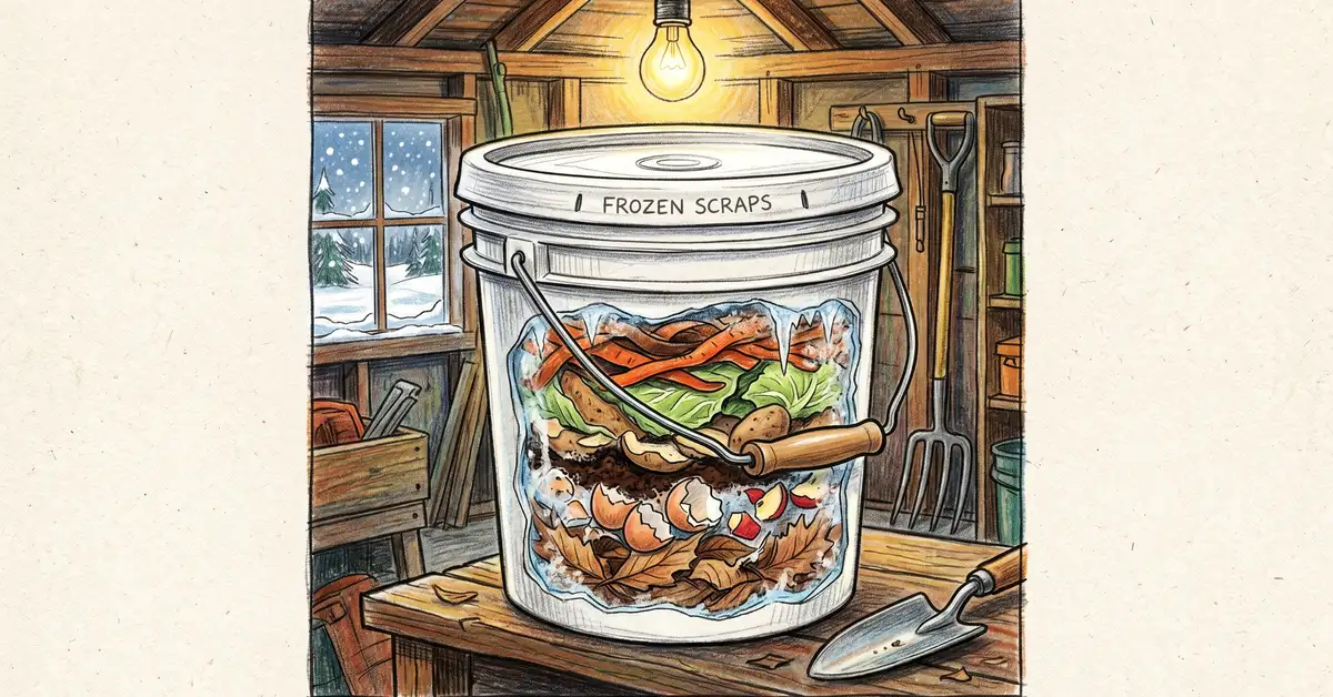5-gallon white plastic bucket with sealed lid in an unheated garage with frozen kitchen scraps layered with brown leaves