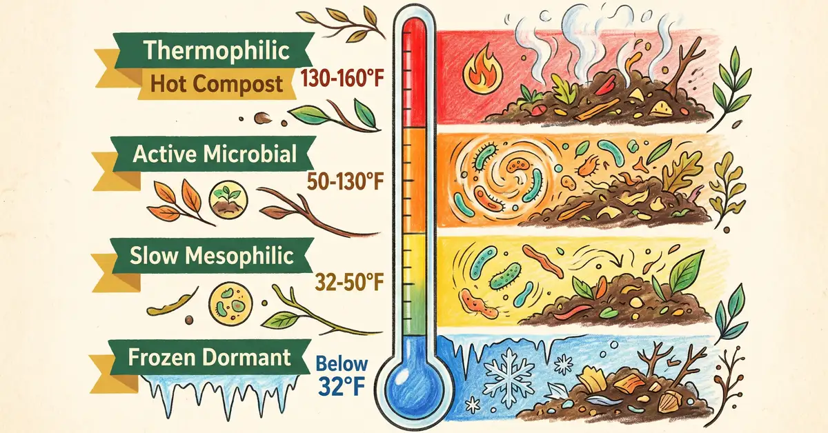 Temperature ranges for winter composting: 130-160F thermophilic, 50-130F active, 32-50F slow, below 32F dormant