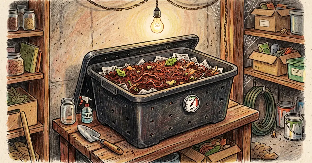 Basement worm bin with shredded newspaper bedding, red wiggler worms, and a thermometer reading 70 degrees