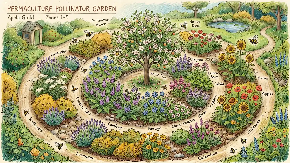 Pencil-crayon illustration of a permaculture garden zone layout with central fruit tree surrounded by flowering perennials, comfrey, borage and clover for pollinators