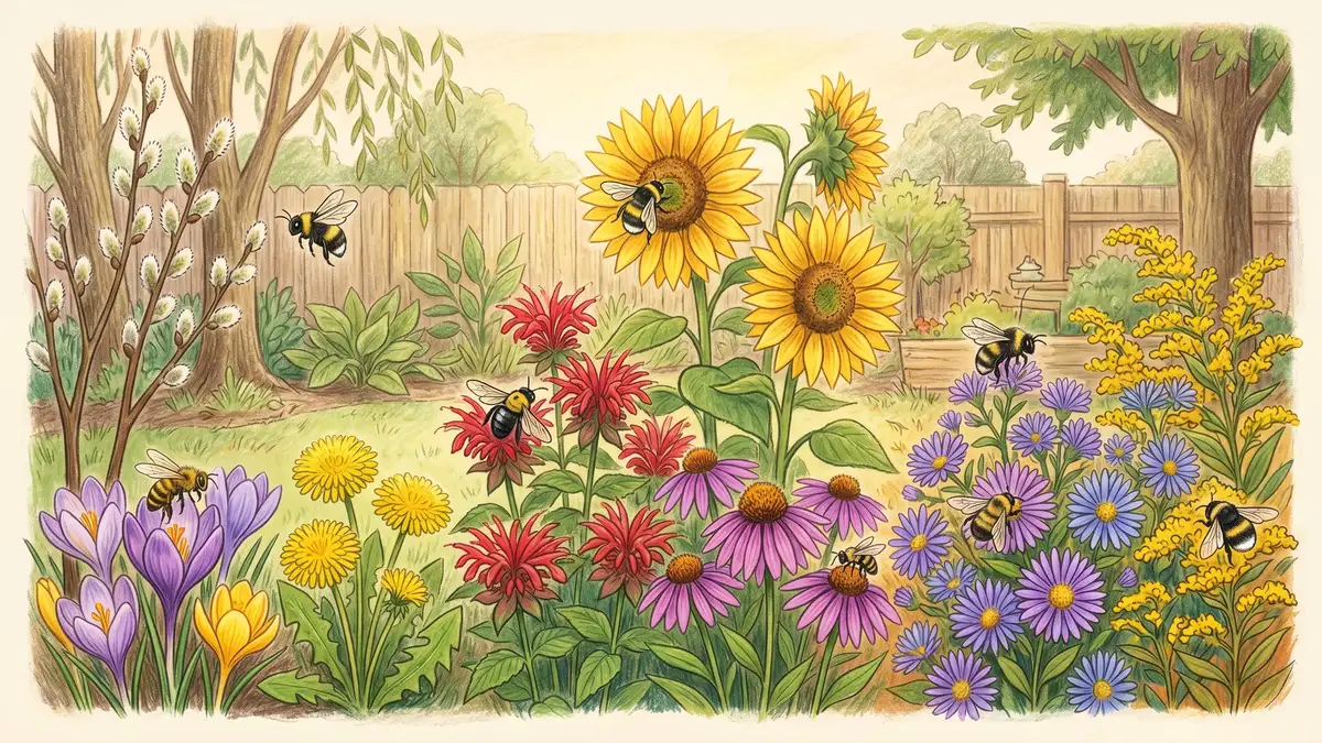 Pencil-crayon illustration of three seasonal pollinator blooms side by side: spring willow and crocus, summer sunflowers and beebalm, fall asters and goldenrod