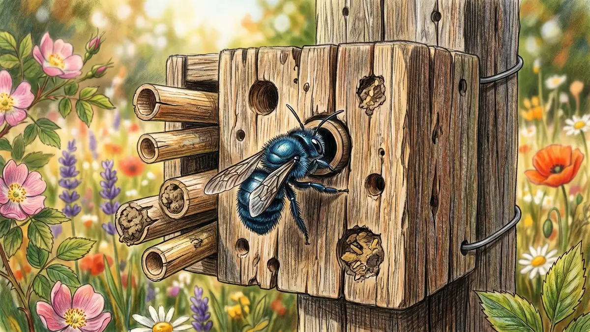 Pencil-crayon close-up of a dark metallic blue mason bee entering a hollow reed in a wooden bee block in a sunlit garden