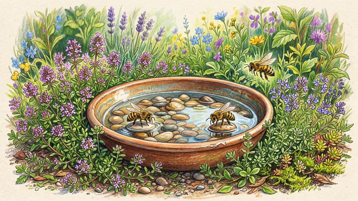Pencil-crayon illustration of a shallow ceramic bee waterer with pebbles where honeybees drink, surrounded by flowering thyme