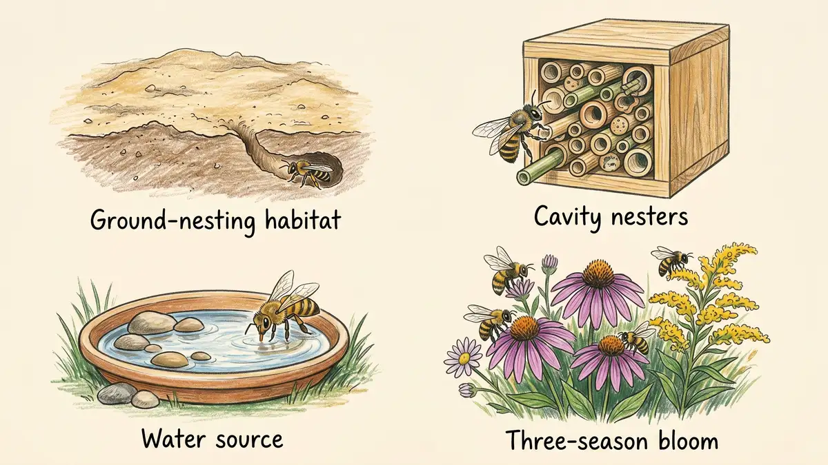 Pencil-crayon infographic showing four pollinator habitat features: ground-nesting habitat, cavity nesters, water source, and three-season bloom