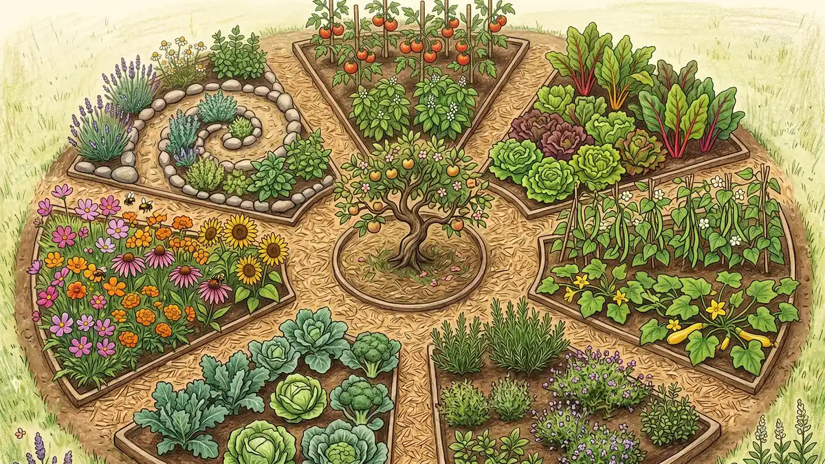 Pencil-crayon top-down illustration of a 20-foot diameter mandala garden with 7 pie-slice wedge beds around a central hub with a dwarf apple tree