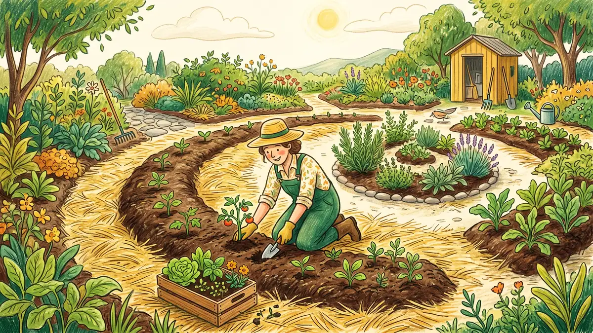 Pencil-crayon side view of a gardener kneeling at the edge of a curved mandala bed, planting seedlings in straw-mulched dark soil