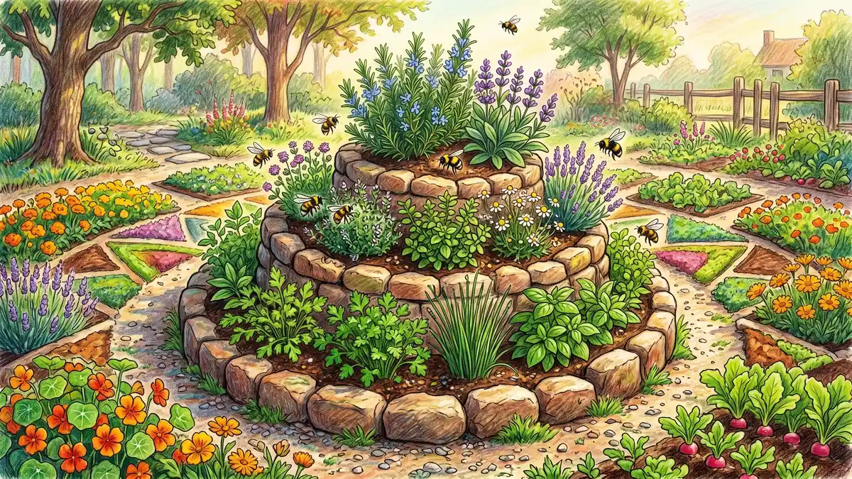 Pencil-crayon close-up of a 3-foot stone-edged herb spiral at the center of a mandala garden, planted with thyme, oregano, rosemary and basil at varying heights