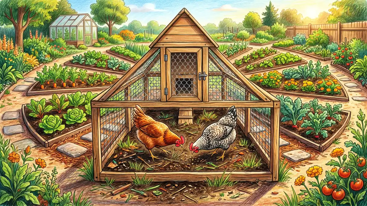 Pencil-crayon illustration of two chickens foraging inside a movable chicken tractor cage placed over one wedge of a mandala garden bed